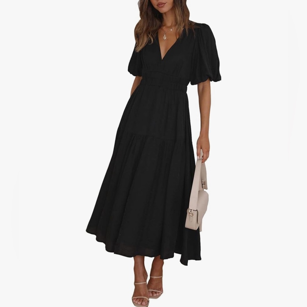 V Neck Short Puff Sleeve A Line Tiered Midi Dress